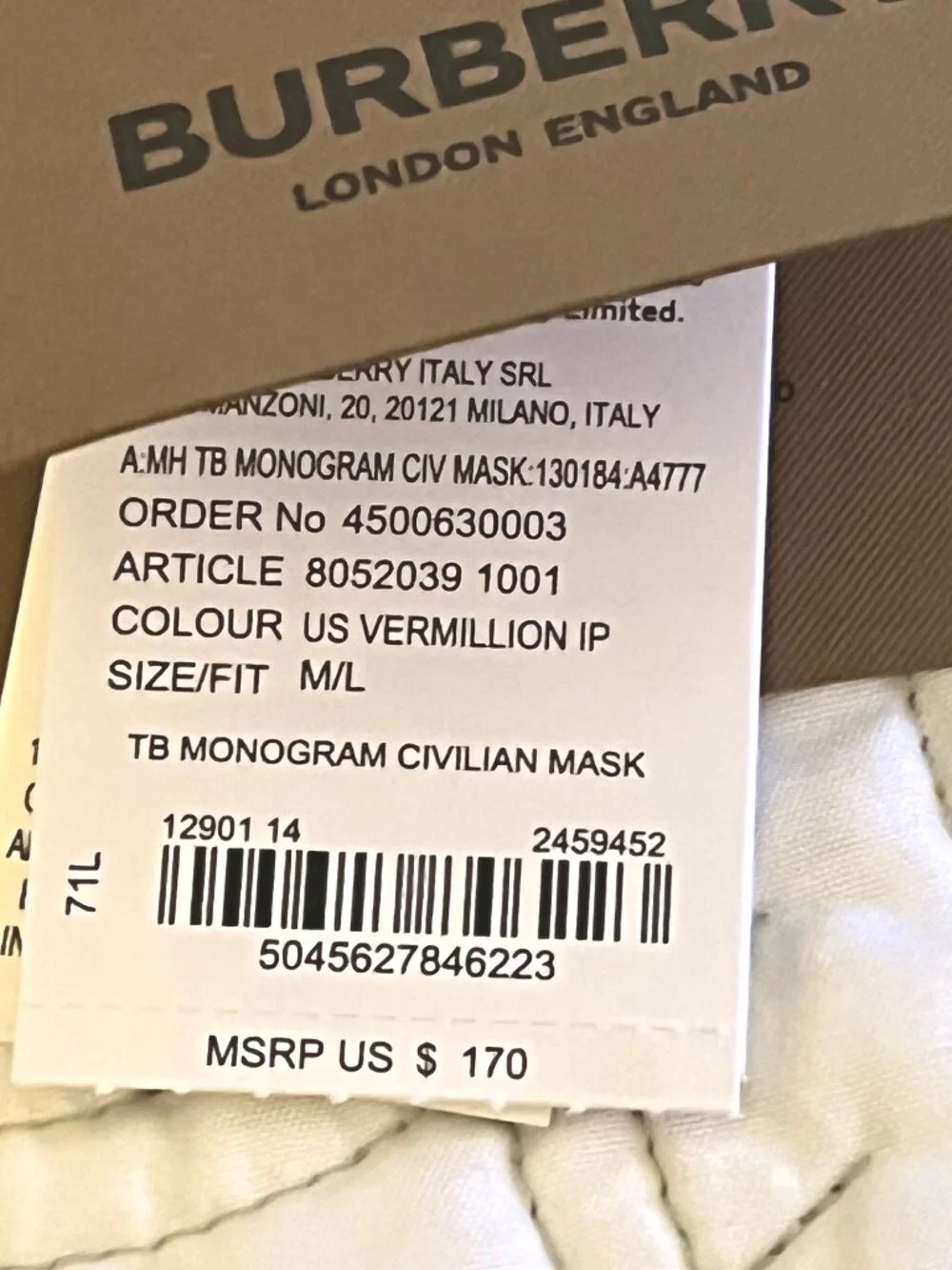 Burberry Red & Tan Monogram Nylon Face Mask With Matching Drawstring Pouch. NWT